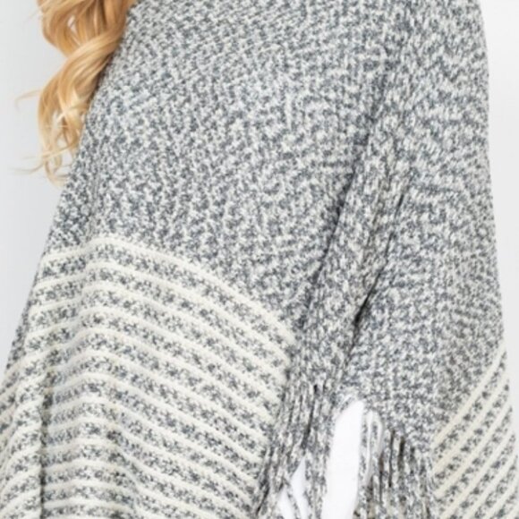 BOHO KNITTED TWO TONE STRIPED FRINGE PONCHO - Picture 6 of 6